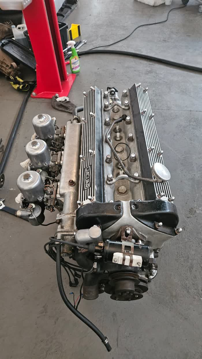 Restored Jaguar straight-six with polished cam covers and triple carburettors